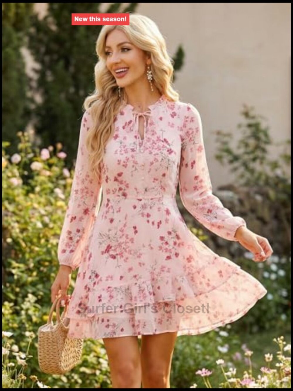 Allegra K Floral Chiffon Tiered Mini Dress V-Neck Puff Sleeve Ruffle Hem - Picture 5 of 7